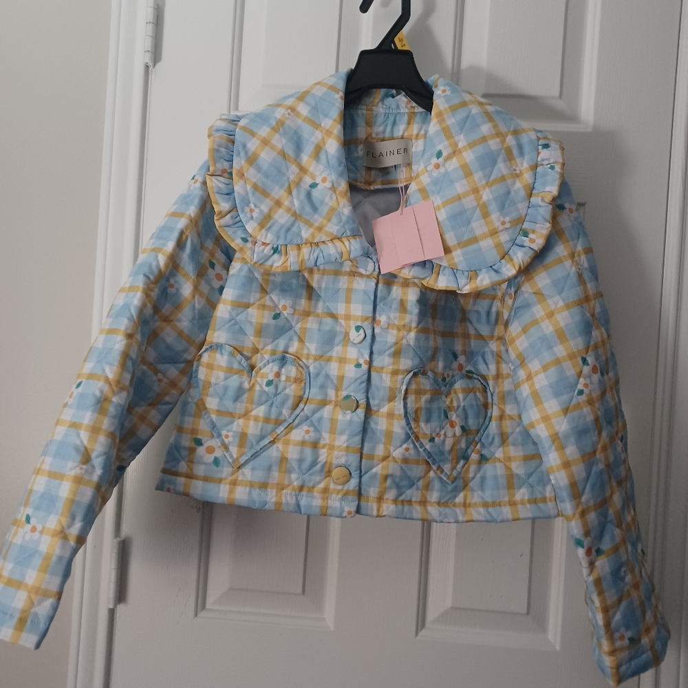 Plaid Ruffle-Collar Puffer Jacket in Blue & Yellow - Picture 3 of 12